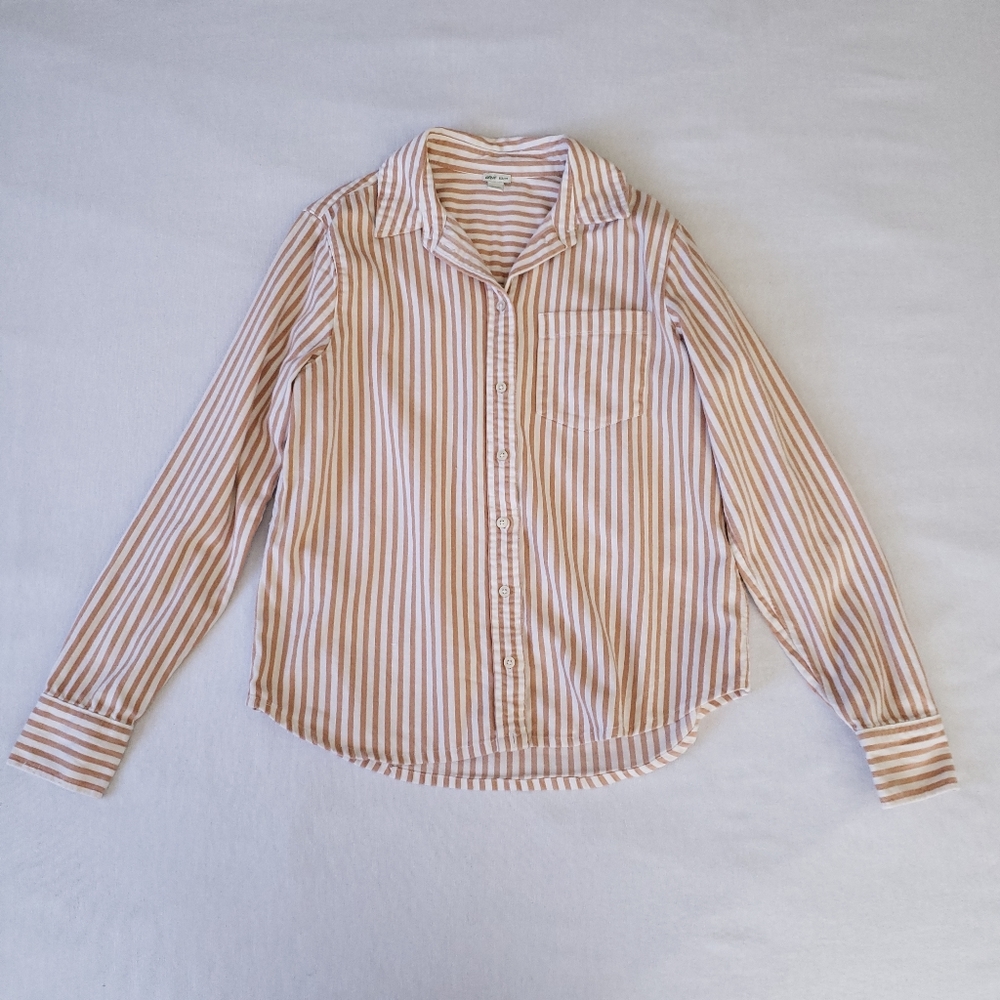 Aerie Tan White Striped Long Sleeve Button Down Shirt